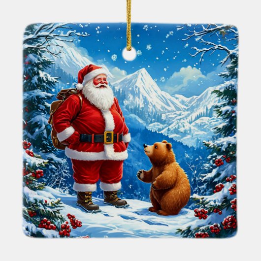 Kerstman ontmoet vriendelijk Beer in Snowy Mountai Keramisch Ornament (Achterkant)
