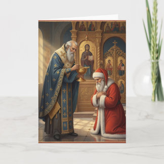 Kerstman ontvangt communie in orthodoxe kerk kaart