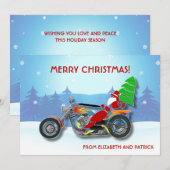 Kerstman op chopperfiets met rode hoed feestdagenkaart (Voorkant / Achterkant)
