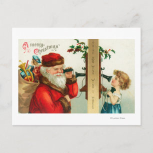 Kerstman op de Telefoon met Meisje Feestdagenkaart