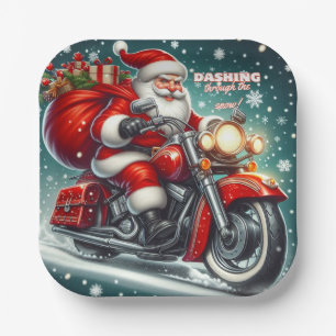 Kerstman op een motor papieren bordje