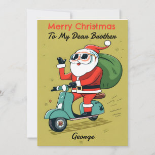 Kerstman op een scooter met zonnebril en kerstcade feestdagenkaart