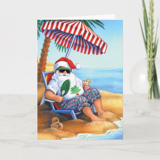 Kerstman op het strand feestdagen kaart (Voorkant)