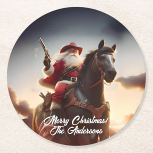 Kerstman op paard met pistool ronde kartonnen onderzetter
