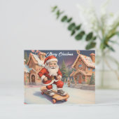 Kerstman op skateboard peperkoek huis achtergrond feestdagenkaart (Staand voorkant)