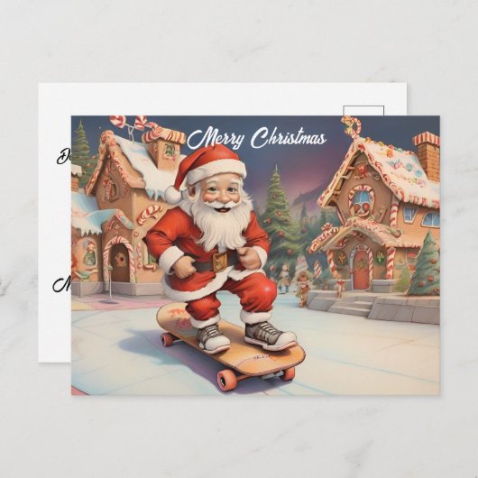 Kerstman op skateboard peperkoek huis achtergrond feestdagenkaart (Voorkant / Achterkant)