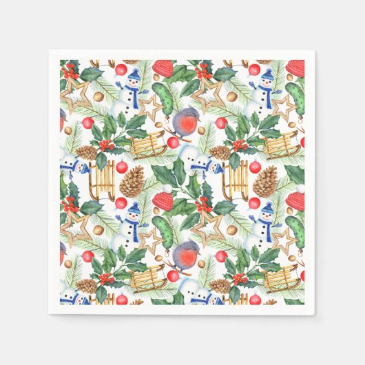 kerstman, pijnbomen, Holly, Sled, Star Servet (Voorkant)