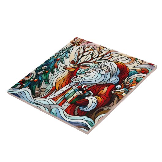 Kerstman, rendier en geschenken van bomen tegeltje (Zijkant)