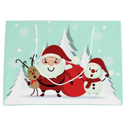 Kerstman, rendier & sneeuwman grote kerstcadeauzak large cadeautasje (Voorkant)