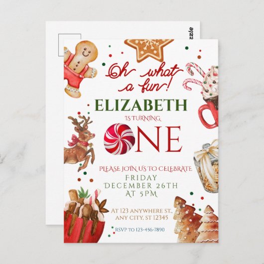 Kerstman rendier wat een leuke 1e verjaardag briefkaart (Voorkant / Achterkant)