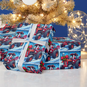 Kerstman Rijden Een Rode Tractor In De Sneeuw Kers Cadeaupapier