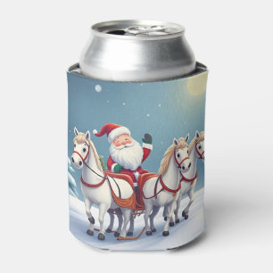 Kerstman rijdend in een slee getrokken door witte blikjeskoeler