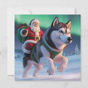 Kerstman rijdend op een reusachtige husky door de feestdagenkaart