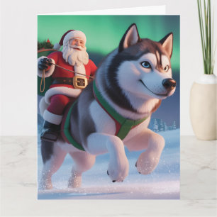 Kerstman rijdend op een reusachtige husky door de  kaart