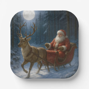 Kerstman rijdt een slee in het maanlicht papieren bordje