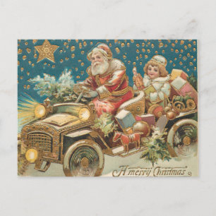 Kerstman rijdt in oldtimer auto op kerstavond briefkaart