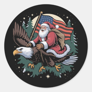 Kerstman rijdt op adelaar VS-vlag Kerstmis Ronde Sticker