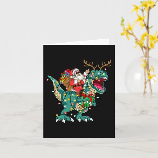 Kerstman rijdt op Dinosaurus T rex Herten Kinderen Kaart (Gele Bloem)