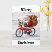 Kerstman rijdt op een fiets Kerstmis Kaart (Gele Bloem)