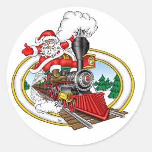 Kerstman rijdt op een stoomlocomotief ronde sticker