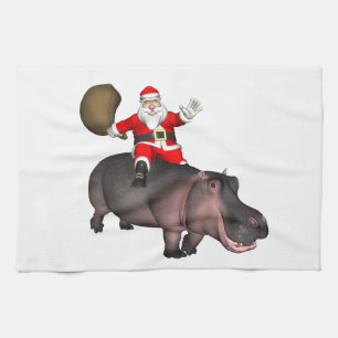 Kerstman rijdt op nijlpaard theedoek