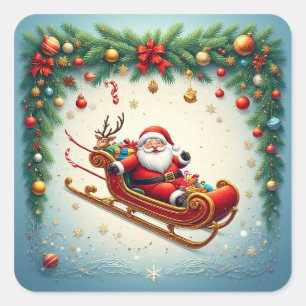 Kerstman rijdt slee met een rendier vierkante sticker