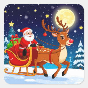 Kerstman rijdt slee met rendieren onder volle maan vierkante sticker