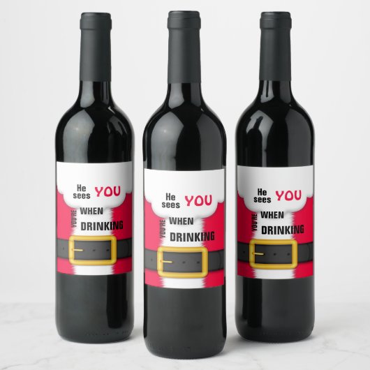 Kerstman Santa Hij Ziet Je Als Je Drinkt Wijn Etiket (Flessen)