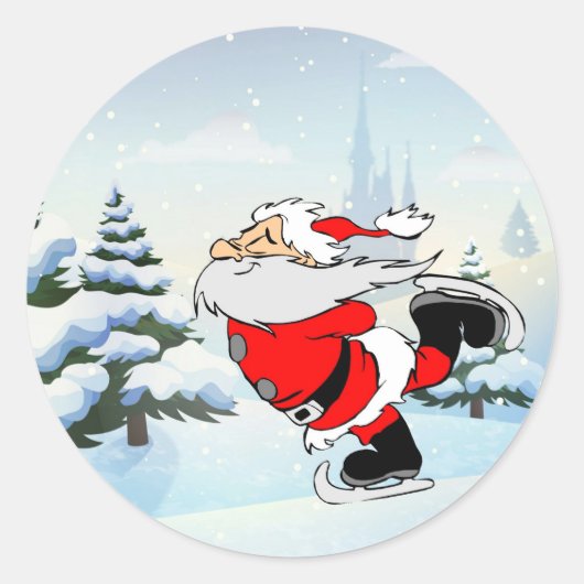 Kerstman schaatsen ronde sticker (Voorkant)