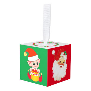 Kerstman & Schattige Kerstelfjes Kubus Ornament