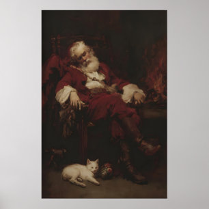 Kerstman Sint Nicolaas Rustend Naast Kat En Poster
