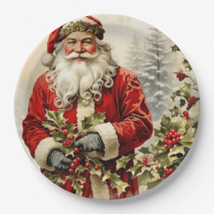 Kerstman Sinterklaas met Holly Berry Papieren Bordje