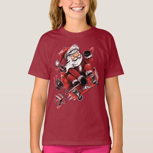 Kerstman skateboarden t-shirt (Voorkant)