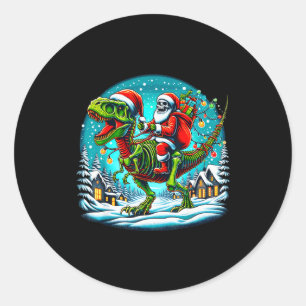 Kerstman skelet rijdt op T Rex dinosaurus Grappige Ronde Sticker