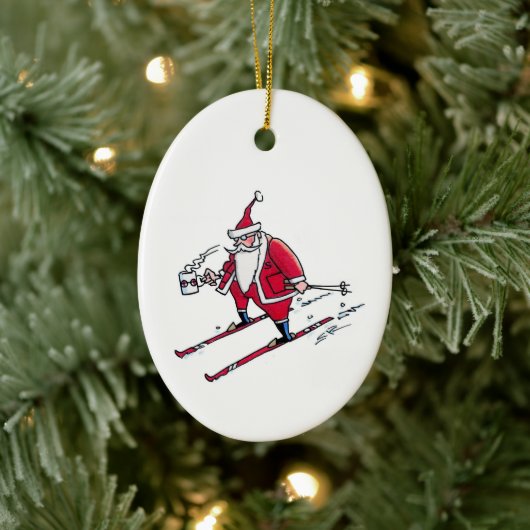 Kerstman Skiën ovale keramische versiering Keramisch Ornament (Boom)