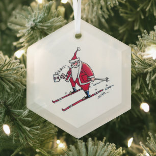 Kerstman Skiën zeshoekige glazen kerstbal Glas Ornament