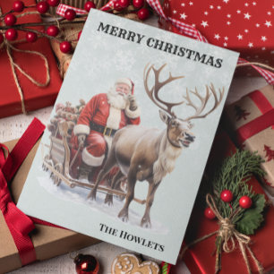 Kerstman slee met rendieren aquarel vintage feestdagenkaart