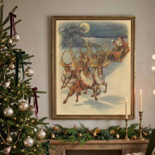 Kerstman slee met rendieren in vintage stijl poster