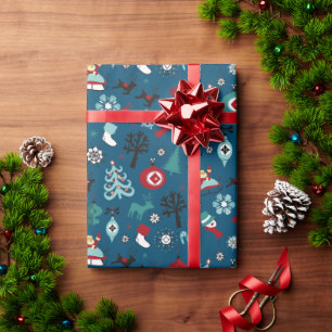 Kerstman slee rendier dennenbomen kunstpatroon cadeaupapier