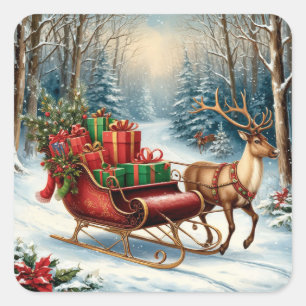 Kerstman slee sleept door besneeuwd Kerstwoud Vierkante Sticker