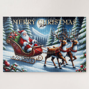 Kerstman slee van Kerstmis door besneeuwd bos Legpuzzel