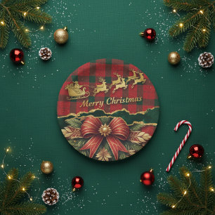Kerstman Sleigh Krans Merry Christmas Goud Plaid Papieren Bordje