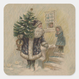 Kerstman Sneeuw Kerstboom Vierkante Sticker