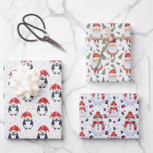 Kerstman, Sneeuwman, Pinguïn Kerstmis Thema Inpakpapier Vel
