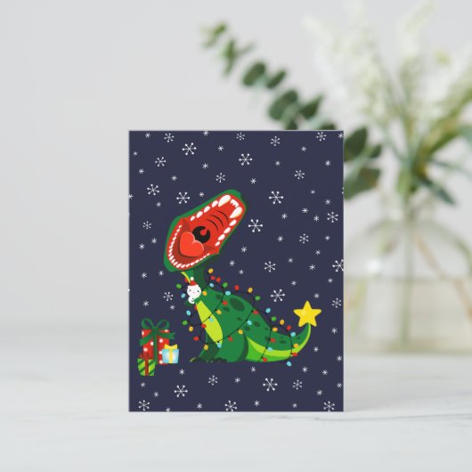 Kerstman Sneeuwpop Kerstboom T-Rex Dinosaurus Feestdagenkaart (Staand voorkant)