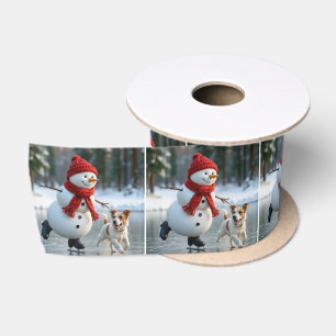Kerstman Sneeuwpop Schaatsen Met Hond Lint