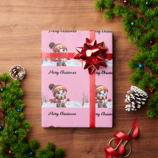 Kerstman & sneeuwvlokken op een roze achtergrond K Cadeaupapier