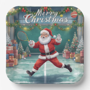 Kerstman speelt tennis tijdens kerstvakantie papieren bordje