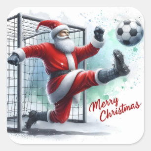 Kerstman speelt voetbal in de sneeuw vierkante sticker