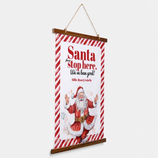 Kerstman Stop hier Modern Rood Wit Streep Kerstmis Hangend Wandkleed (Gebogen)